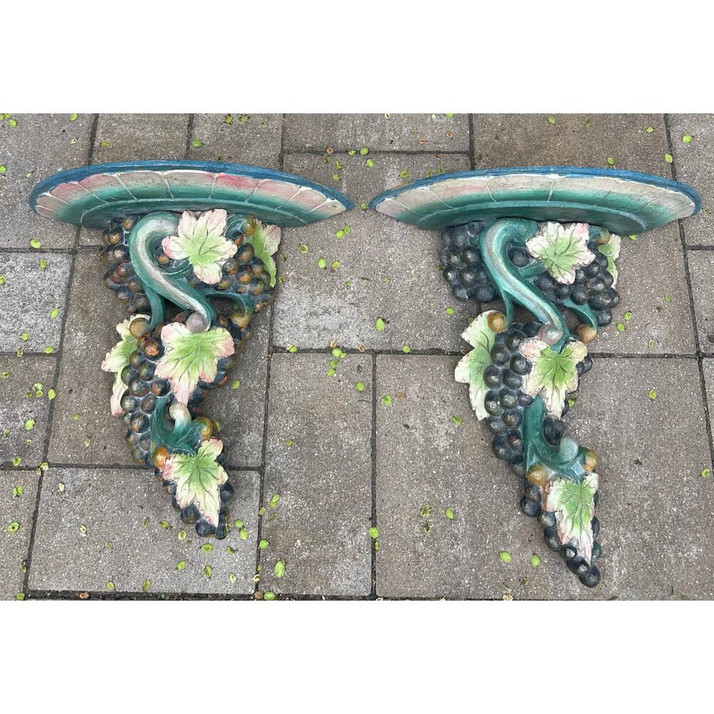 2 Vintage Italian Sconces Wall Display Shelves Hardwood Carved grape set decor